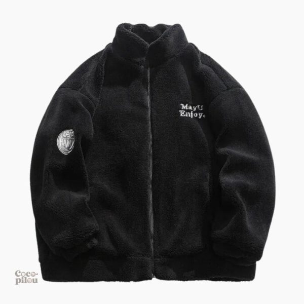 Manteau peluche noir pour femme, style pilou pilou