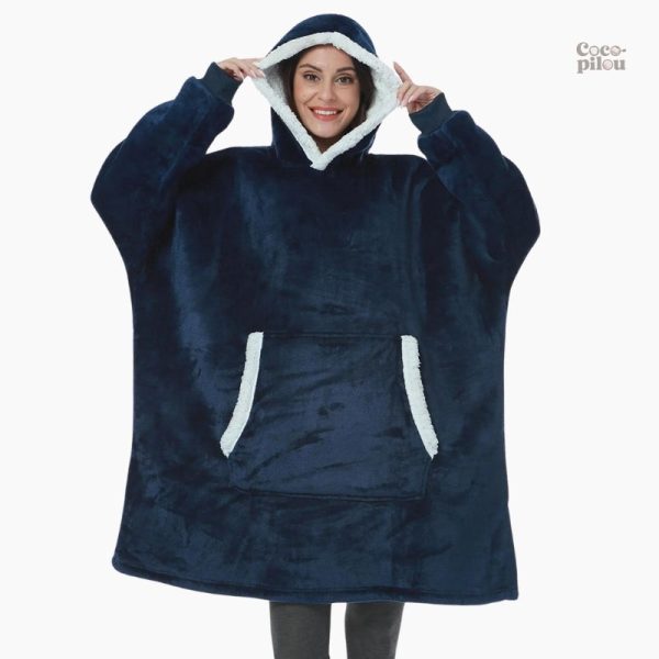 Poncho plaid bleu marine pelucheux