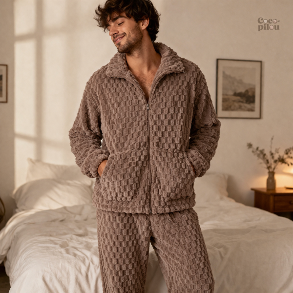 Pyjama homme marron en tissu pilou pilou doux