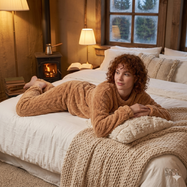 Pyjama marron pour femme, tissu Pilou Pilou doux