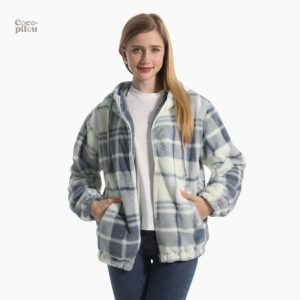 Veste Pilou Pilou gris bleu à carreaux pour femme